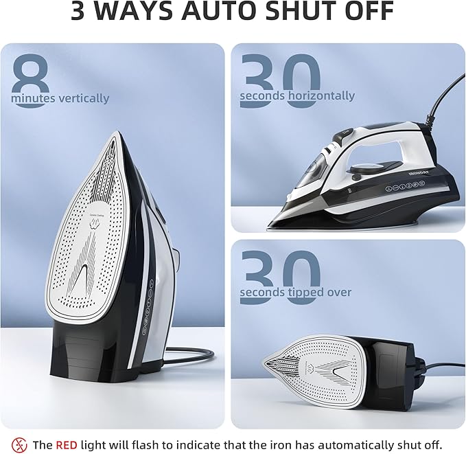 Steam Iron for Clothes Rapid Heating, 1700W Iron with Non-Stick Ceramic Soleplate, 3-Way Auto-Off, Burst of Steam, Self-Cleaning, 14.07oz Water Tank Ironing Clothes for Home, Grey