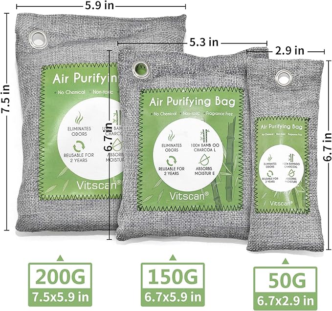 8 Pack Bamboo Charcoal Air Purifying Bag, Activated Charcoal Bags Odor Absorber, Moisture Absorber, Natural Car Air Freshener, Shoe Deodorizer, Odor Eliminators For Home, Pet, Closet, Car