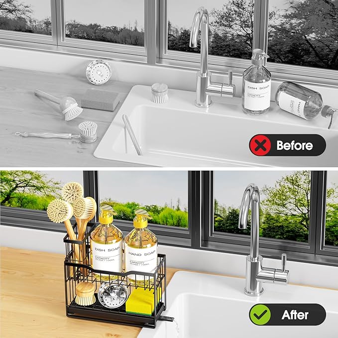 2-Tier Kitchen Sink Caddy with High Brush Holder&Self-Draining Tray,Rustproof&Non-Slip Sink Sponge Holder,Kitchen Countertop Storage Organizer,Soap Dispenser Storage - Black
