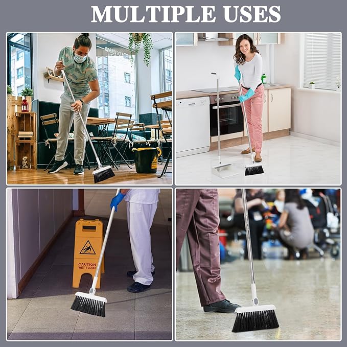 Suclain 4 Set 8 Pcs Broom and Dustpan Set 47 Inch Long Handle Brooms for Sweeping Indoor Household Dustpans for Indoor Outdoor Kitchen Floor