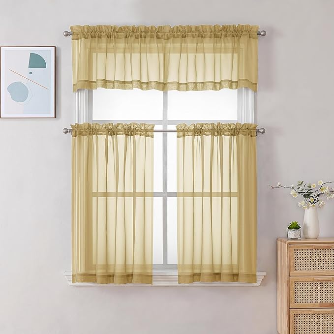 Chyhomenyc Gold Sheer Curtains 30 inch Length 2 Panels, Light Filtering Voile Rod Pocket Short Window Curtians for Bathroom Living Room Farmhouse Small Windows, 42Wx30L inches