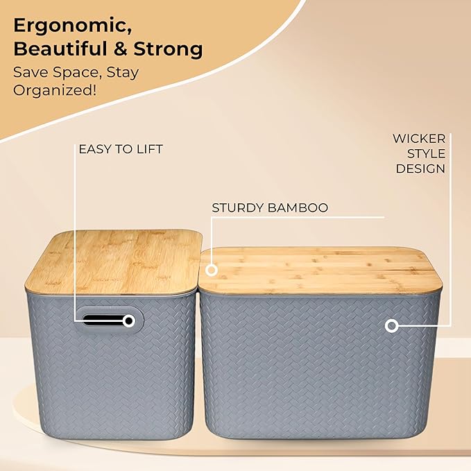 Storage Bins with Bamboo Lid – Stackable, Multi-Purpose Organizers for Pantry, Closet, Kitchen, and Home – Elegant Wicker-Style Design with Ergonomic Handles (Grey)