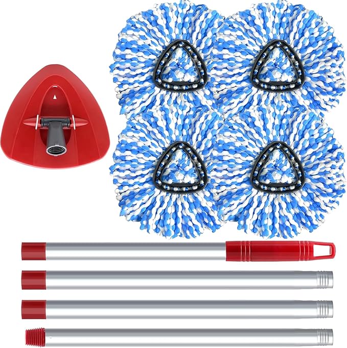 Spin Mop Head, Base, Handle Replacement for O-Ceda RinseClean 2 Tank System,4 Microfiber Mop Refills, 1 Base and 30-58in Handl Set Combo (Blue 2 Tank System)