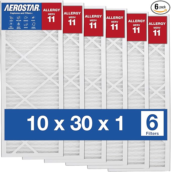 Aerostar Air Filters 10x30x1 MERV 11,Healthier Air For Your Home, 10" x 30" x 3/4", Box of 6