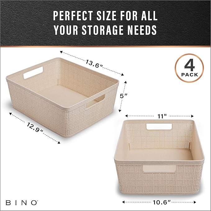 BINO - Woven Plastic Basket, Medium (Natural), 4-Pack, The Jute Collection, Home Organization, Space-Saving Storage, Stylish Design, Jute Basket