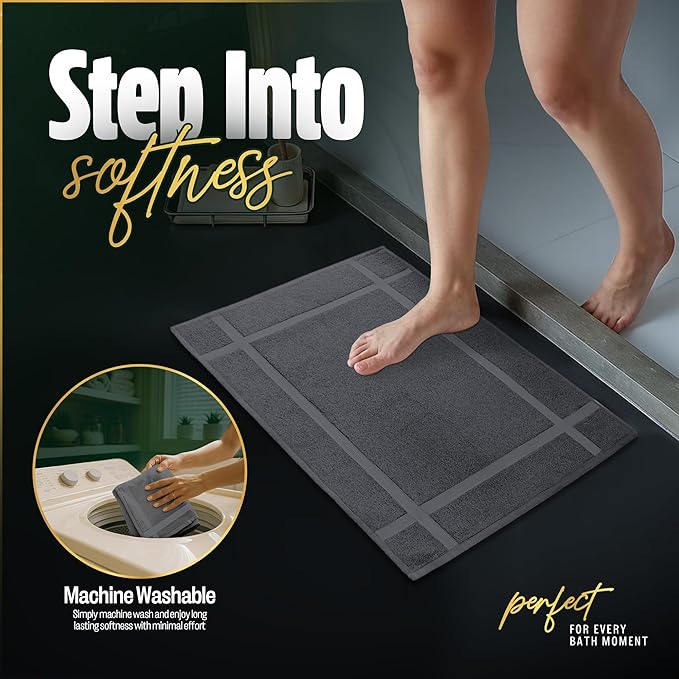 Pearl Linens Pack of 6 Washable Cotton Bath Mat 18x25 - Soft & Absorbent Quick Dry Bathroom Mat Set, Not Bathroom Rugs After Shower Mat, Terry Bath Tub Mat, 687 GSM Dark Grey