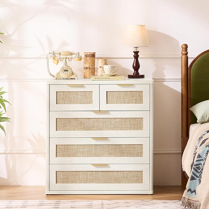 LEYAOYAO White Dresser for Bedroom, 33.5" Tall Chest of Drawers, Modern 5 Drawers Boho Rattan Dressers with Storage, Dresser Wooden Closet Organizer for Living Room, Hallway