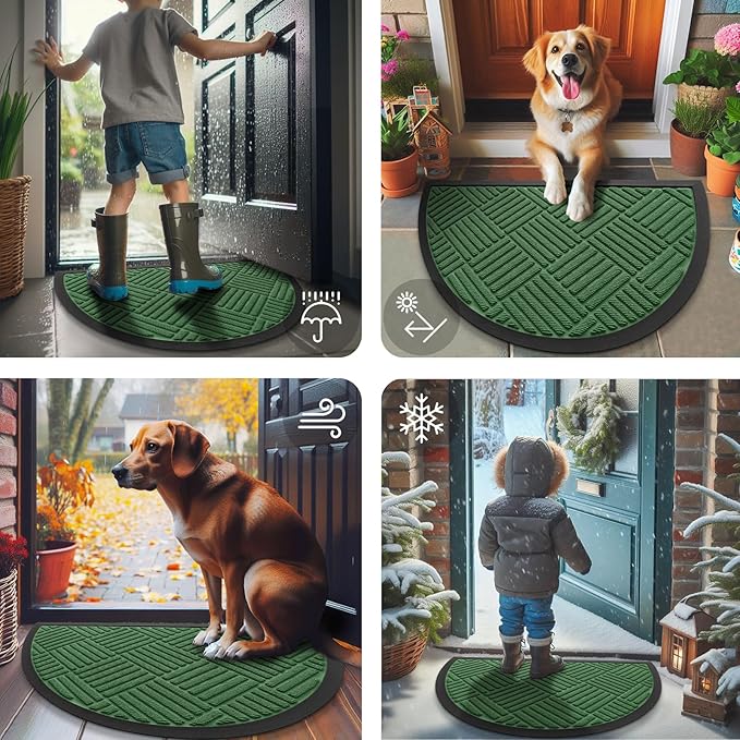 Smiry Half Circle Front Door Mat Outside Entrance, Heavy Duty Outdoor Indoor Natural Rubber Doormat, Non Slip, Trap Dirt and Moisture, Easy Clean, Low Profile Patio Porch Entryway Mat, 29.5x17, Green