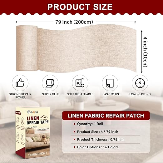 Linen Repair Tape 4x79 inch, Self Adhesive Fabric Patches, Linen Patch Tape Kit, Fabric Repair Tape for Couch Sofas, Headboards, Chairs, Pillows, Curtains, Couches - Beige