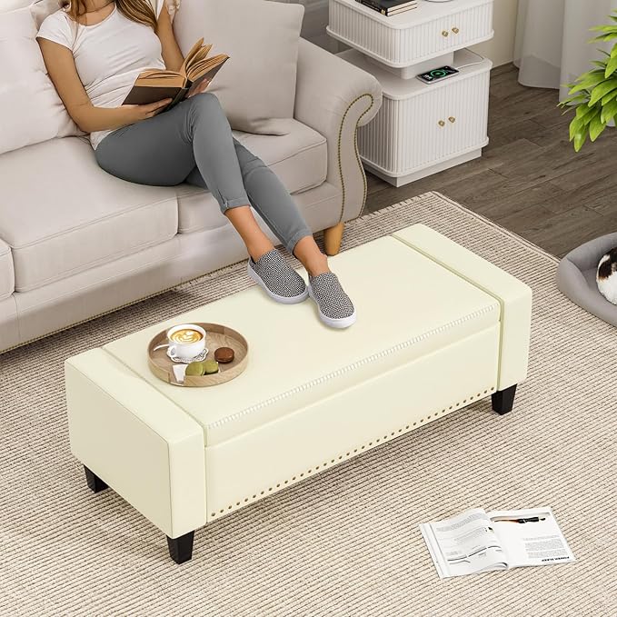 48.8" Storage Ottoman Bench Cream White | Faux Leather Bedroom Bench with Lift Top for Living Room & Bed End
