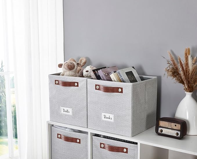 DECOMOMO Storage Bins, Cube Storage Bin with Labels, Fabric Storage Cubes for Shelves (11" / 6pcs, Light Texture Grey)