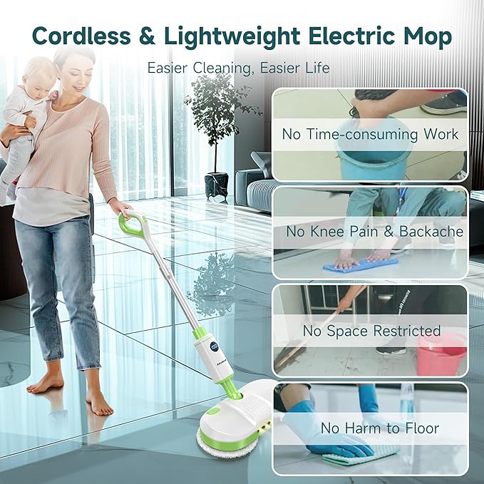 AlfaBot Cordless Electric Mop for Floor Cleaning, Dual Spin Mop with LED Headlight/Water Spray/Self-Propelled,Clean up to 2700 ft²,Rechargeable Electric Mops with Big Water Tank for Multi Floors