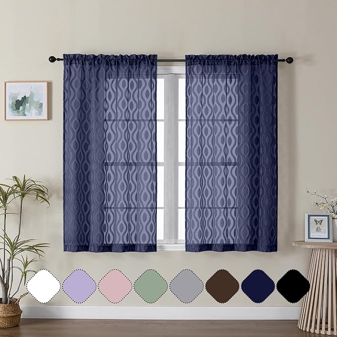 Aiyufeng Navy Curtains 45 Inch Length 2 Panels Set, Farmhouse Soft Airy Lightweight Clip Jacquard Textured Curtains, Chic Wavy Line Window Curtains for Bedroom Living Room, 40" Wx45 L Inches