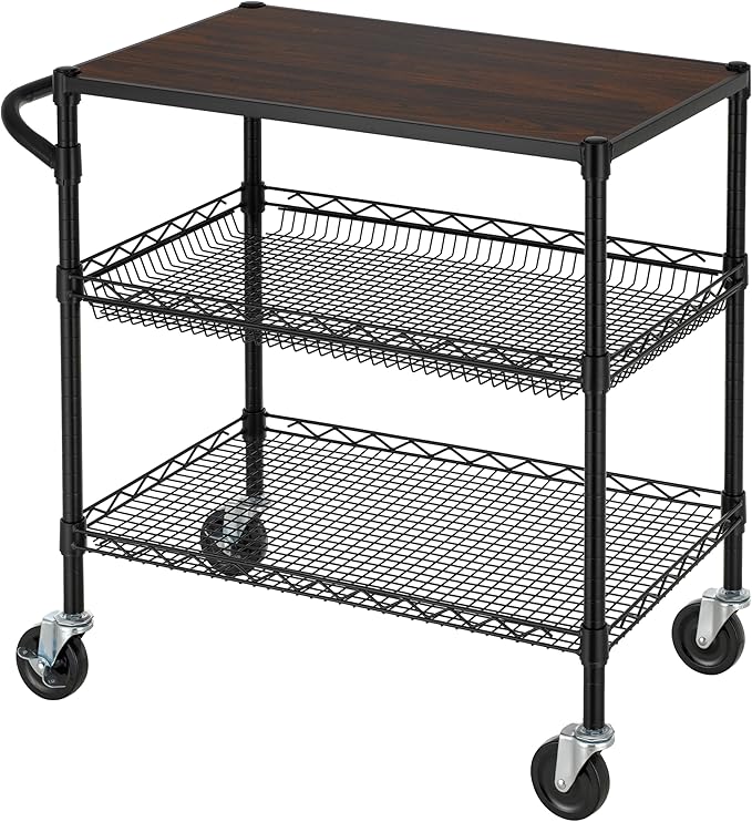 Finnhomy 3 Tier Heavy Duty Commercial Grade Utility Cart with Wood Top, Wire Rolling Cart with Wheels and Handle Bar, Kitchen Carts on Wheels, Metal Cart with 600 LBS Capacity, Black