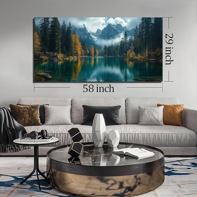 GUGIKA Landscape Wall Art for Living Room, Blue Mountain and Lake Wall-Decor for Bedroom, Modern Scenery Poster Canvas Print, Size 59 x 29 Inches