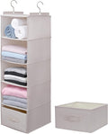 Large Hanging Sweater Organizer for Closet,Collapsible 6-Shelf Hanging Closet Shelves with Drawers, Washable (Beige -5 Shelf-1 d)