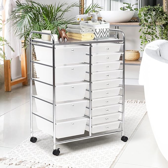 GOFLAME 15-Drawer Rolling Storage Cart, Multipurpose Movable Organizer, Utility Cart for Home, Office, School, Clear