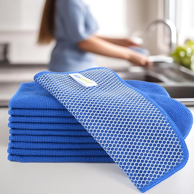 SINLAND Absorbent Microfiber Dish Cloths for Washing Dishes Best Kitchen Cloths Cleaning Cloths with Poly Scour Side 7.87Inchx7.87Inch 10 Pack Dark Blue