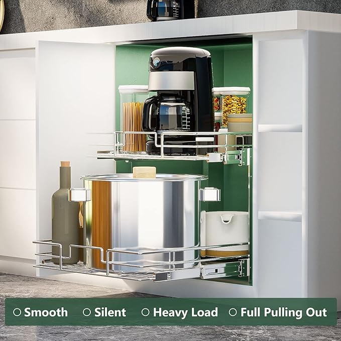LOVMOR 2 Tier Individual Pull Out Cabinet Organizer 11" W x 18" D, Slide Out Kitchen Cabinet Storage Sliding Shelves