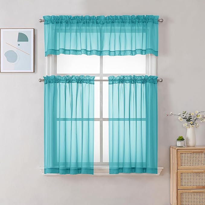 Chyhomenyc Turquoise Sheer Curtains 30 inch Length 2 Panels, Light Filtering Voile Rod Pocket Short Window Curtians for Bathroom Living Room Farmhouse Small Windows, 42Wx30L inches