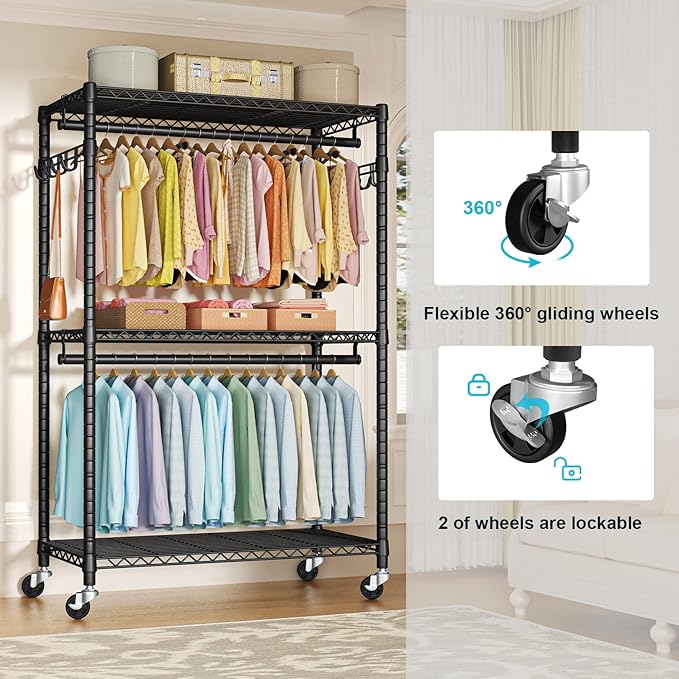 FUTASSI P1 Plus Rolling Clothes Rack, 22mm Diameter Heavy Duty Garment Rack with Wheels, Portable Closet Wardrobe with Double Rods, 45" W x 17.7" D x 80.5" H, Max Load 524 LBS, Black