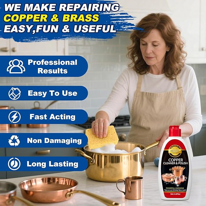 Copper & Brass Cleaner and Polish – 17.6 Oz Gentle Copper Polishing Cream for Pots, Pans, Sinks, Cups, Antiques – Restores Shine, Gentle Removes Tarnish & Stains – Non-Scratch, Easy to Use