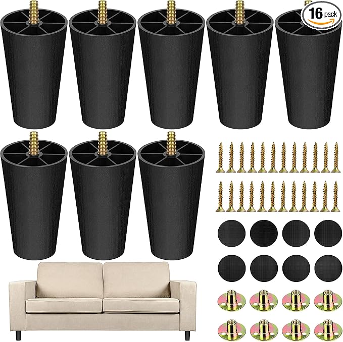 TURSTIN 16 Pack 4 Inch Plastic Furniture Legs with M8 T-Nuts Screws Tapered Sofa Couch and Chair Legs Replacement Furniture Legs for DIY Projects Sofas Coffee Tables Dressers Beds