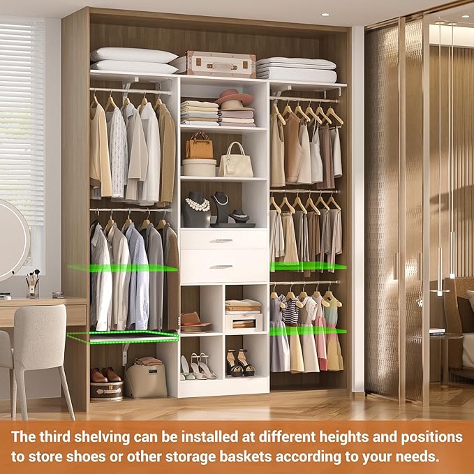 5FT Small Closet System, Baby Closet Organizer System with Wooden Drawers, 60 Inches Walk In Closet System With 5 Hanging Rods and 3 Reversible Hanging Shelving, White