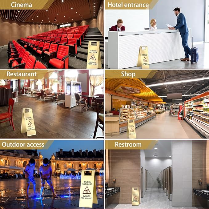 LEIFIDE 4 Pcs Stainless Steel Wet Floor Caution Sign Bulk 8.8 Pound Portable Foldable Handle Bilingual Safety Sign for Kitchen Restaurant Shop Commercial Use Avoid Fall and Slip Accident (Gold)