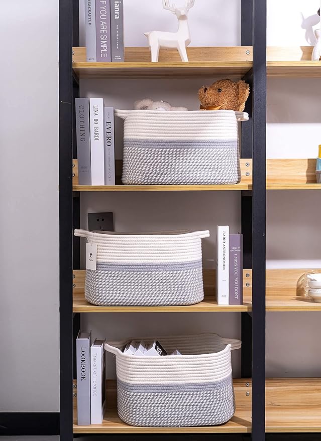 Medium and Large Woven Basket//With Handle, Used for Toys and Fabric Storage Basket used for Storing xl Storage Box, Decorative Storage Box Room 2pack (14L*10W*8.6H White/Gray, 14Lx10Wx8.6H)