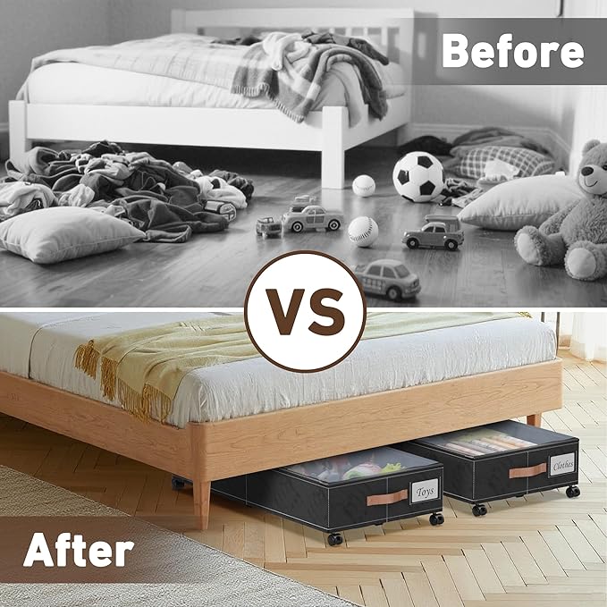 Under Bed Storage with Wheels, 2-Pack Under Bed Storage Containers with Clear Lids, XXL 65L Under the bed storage Organizer Bins, Rolling Under Bed Metal Drawer for Clothes,Shoes,Toys (Black, 2-Pack)