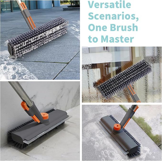 Floor Scrub Brush with Long Handle, 3 in 1 Scrape and Heavy-Duty Stiff Bristle Scrubber Brush for Cleaning Shower Bathroom, Patio, Garage, Kitchen, Wall and Deck (Gray, 1 Pack)