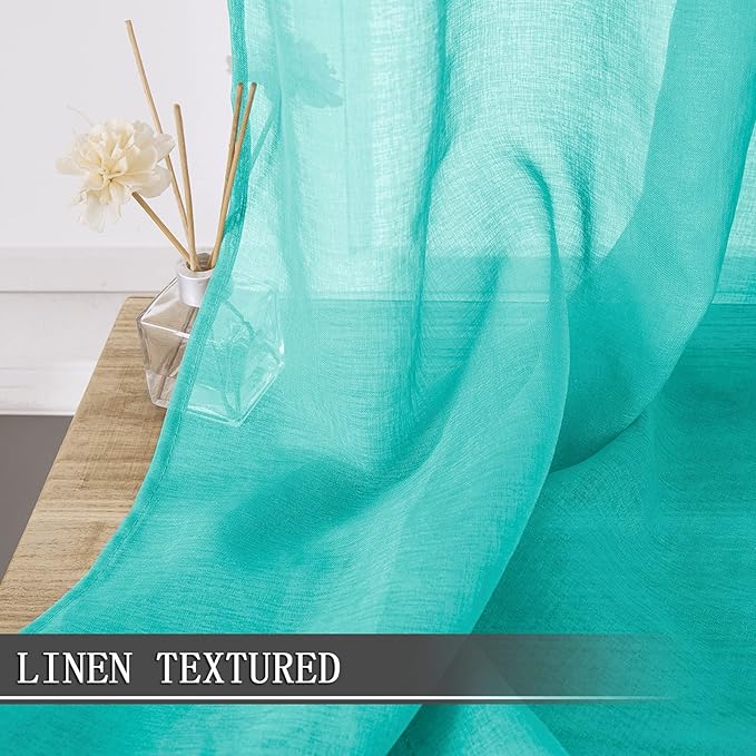 Tollpiz Short Sheer Curtains Linen Textured Bedroom Curtain Sheers Light Filtering Rod Pocket Voile Curtains for Living Room, 54 x 45 inches Long, Aqua Blue, Set of 2 Panels