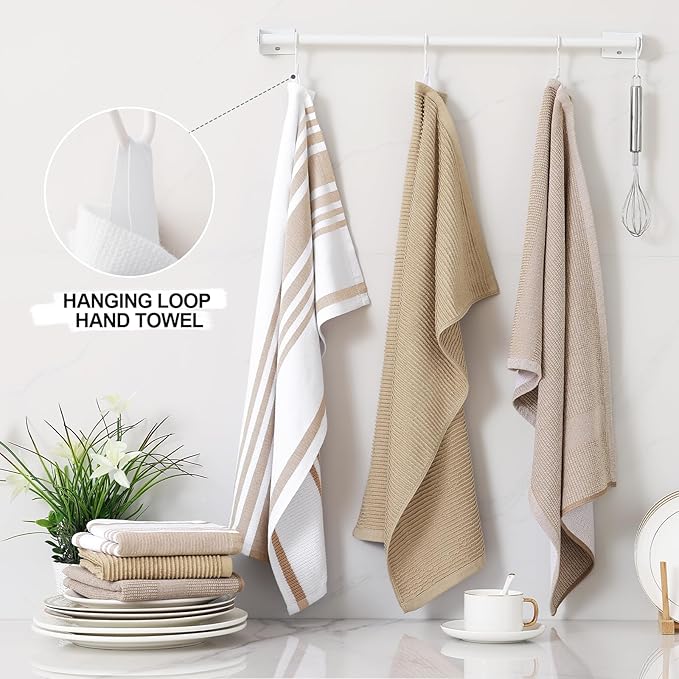 Homaxy Premium Kitchen Towels(18”x 28”, 6 Pack), Large Cotton 380 GSM Kitchen Hand Towels, Soft and Absorbent Terry Dish Towels, Multipurpose Tea Towel Set with Hanging Loop, Khaki
