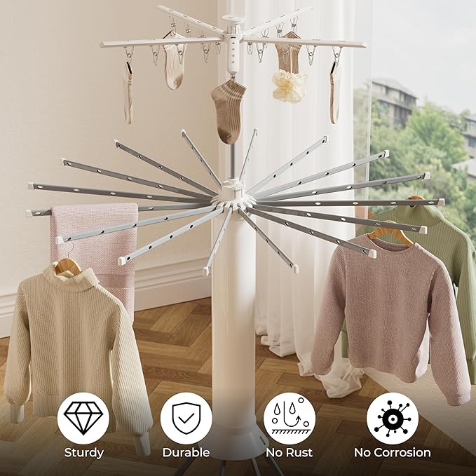 4-Legged Clothes Drying Rack, Portable Dryer Rack with 20 Clips, Outdoor Laundry Drying Rack with 4 Pulleys, Collapsible Drying Rack Clothing, Aluminum Hanging Dryer Rack for Clothes, Socks