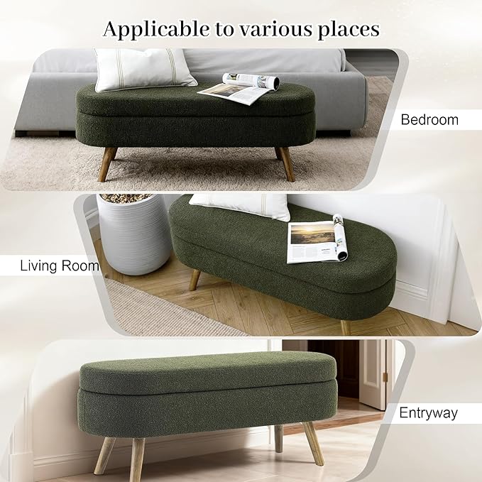 Storage Bench, 43" Storage Ottoman Bench, Shoe Storages Benches for Bedroom, Upholstered Entryway Benches with Seating, Rubber Wood Legs for Bedroom, Living Room, Entryway, Bed Side, Green