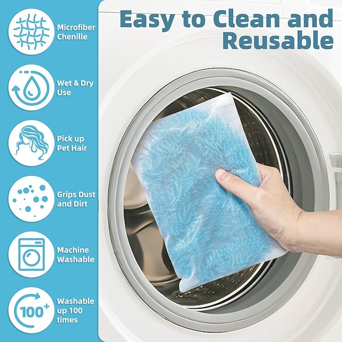 Reusable Mop Pads Compatible with Swiffer Sweeper Mop, Washable Wet Pads Refill & Chenille Dry Sweeping Cloths, Microfiber Mop Pads for Use on All Sealed Floors - Wood, Laminate, Stone & Tile (6 Blue)