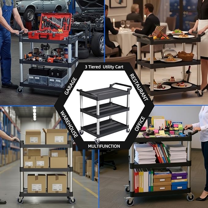 Plastic Utility Carts with Wheels, 3-Tier Rolling Service Cart, 300 lbs Heavy Duty Capacity with 4 inch Silent Casters(2 Lockable), for Home, Office, Restaurant, Warehouse.31.5"× 16" × 38"