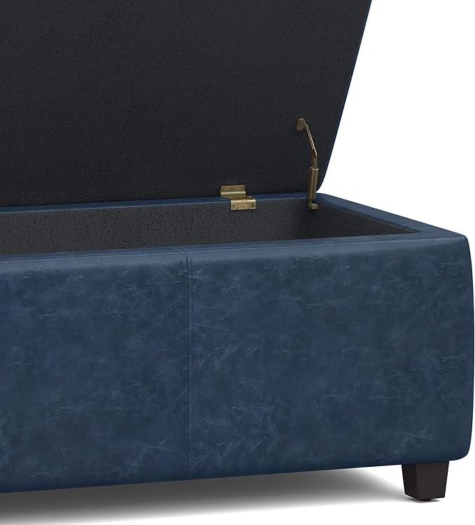 SIMPLIHOME Avalon 48 inch Wide Contemporary Rectangle Storage Ottoman Bench in Denim Blue Vegan Faux Leather, Assembled, For the Living Room, Entryway and Family Room