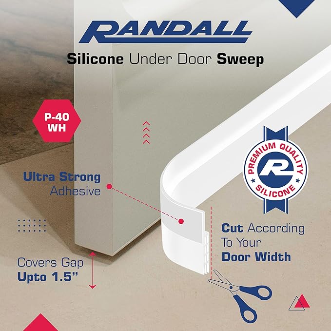 Adhesive Backed Door Draft Stopper – Silicone Under Door Sweep for Interior & Exterior Doors, Noise & Air Insulation, Self Stick Weather Stripping Door Seal, 2" W x 39" L (White) by Randall Mfg