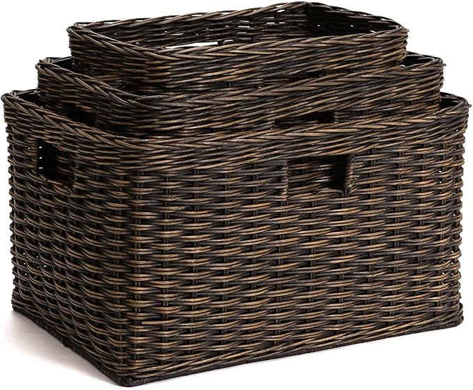 The Basket Lady Tall Rectangular Wicker Storage Basket, Small, 16.5 in L x 10.5 in W x 10.5 in H, Antique Walnut Brown