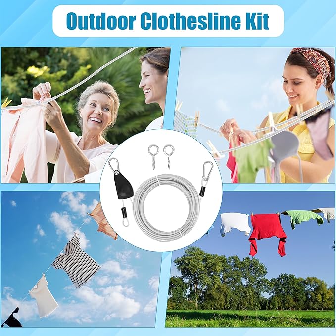 20FT/ 40FT Retractable Travel Clothesline, Adjustable Outdoor Clothesline Drying Clothes Line Laundry for Travel Camping, with Ratchet Pulley/ 2 Screws/ 2 Buckles (Black+Silver, 472, Inches)