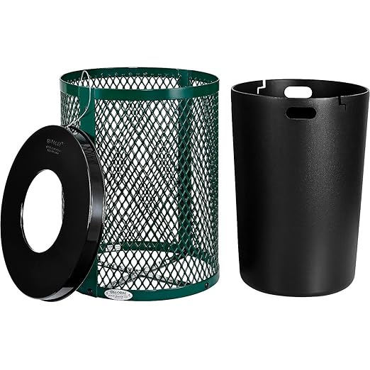 Global Industrial Outdoor Diamond Steel Trash Can with Flat Lid and Plastic Liner, 36 Gallon Capacity, Green, Thermoplastic Coating, 23-1/2" Diameter, 30" H