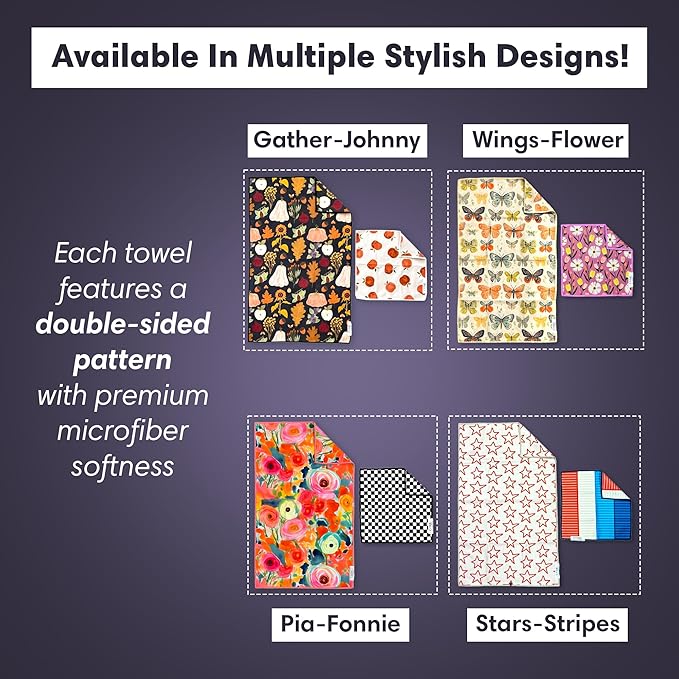 Microfiber Hand Towel & Washcloth Set of 2 - Double-Sided, Waffle Weave, Super Absorbent, Lint-Free, Fast Drying - Stars & Stripes Pattern for Bathroom, Kitchen, Car, and Window Cleaning