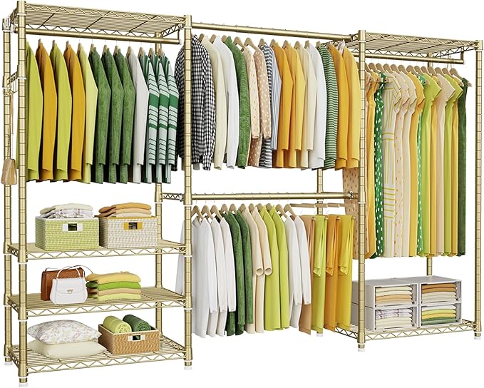 Ulif E1 Heavy Duty Closet Garment Rack, 6 Tiers Adjustable Metal Freestanding Expandable Clothing Storage with 4 Hanger Rods, Easy to Assemble Wardrobe, 71.4" H x (70" - 88.2") L x 14" D, Gold