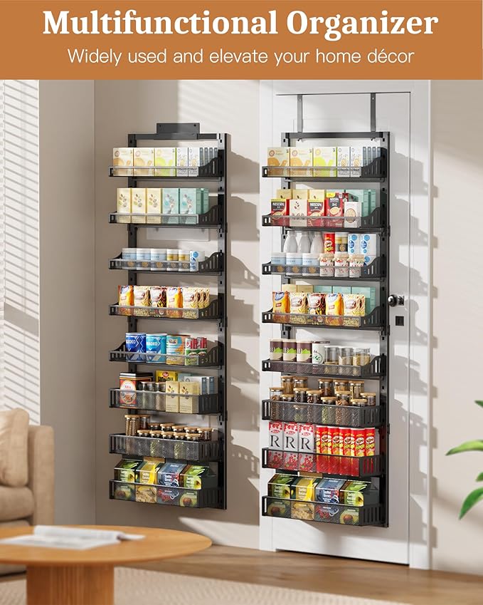 8-Tier Over the Door Pantry Organizer, Large Metal Door Spice Rack with Adjustable Basket, 2 in 1 Wall Mount or Hanging Heavy-Duty Pantry Door Storage Shelf for Kitchen and Bathroom, Black