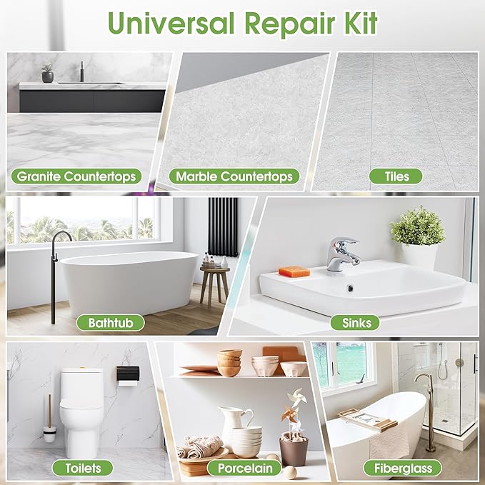 Fiberglass Tub Repair Kit (Color Match), Porcelain Sink and Bathtub Repair Kit for Chips, Cracks, Holes, Rust, Scratches on Toilet, Shower Tile, Enamel, Acrylic, Ceramic, Quartz, Marble