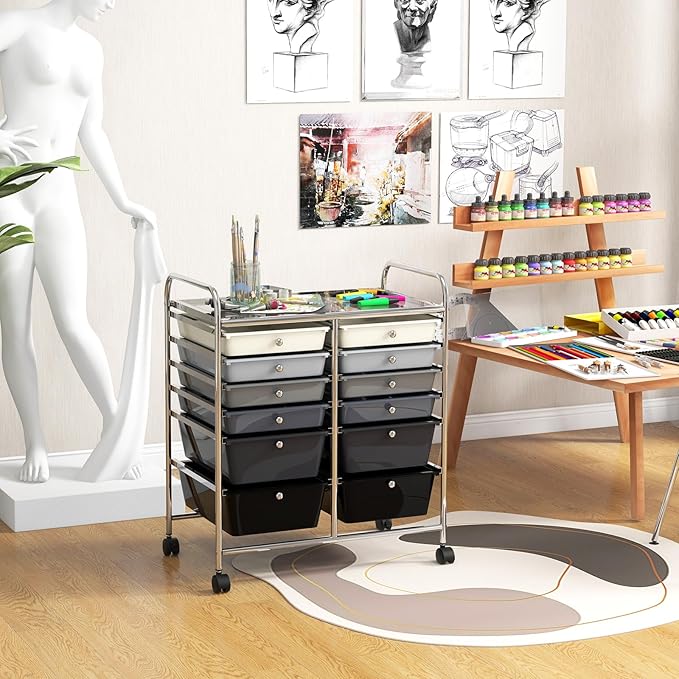 GOFLAME 12-Drawer Rolling Storage Cart, Multipurpose Organizer Cart with 2 Sizes Plastic Drawers, Mobile Utility Cart with Lockable Casters for School, Home Office, Beauty Salon, Gradient Grey