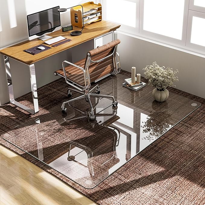 GLSLAND 36"x55" Tempered Glass Chair Mat Rectangle Heavy-Duty Floor Protector for Carpet & Hard Floors Scratch-Resistant Office Computer Desk Mat 1/5" Clear