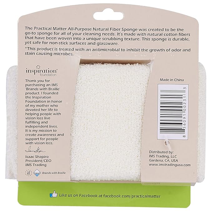 Practical Matter Kitchen Sponge, Organic Cotton Fiber All-Purpose Dish Sponges for Washing Dishes and Cleaning All Surfaces, Durable Non Scratch Scrub, 6 Count Value Pack